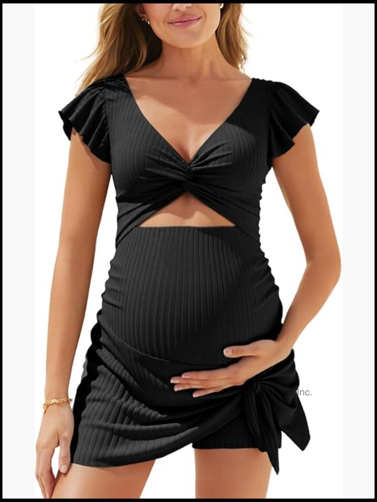 Ribbed Maternity One Piece Swimsuit Dress Cutout Bathing Suit With Built-In